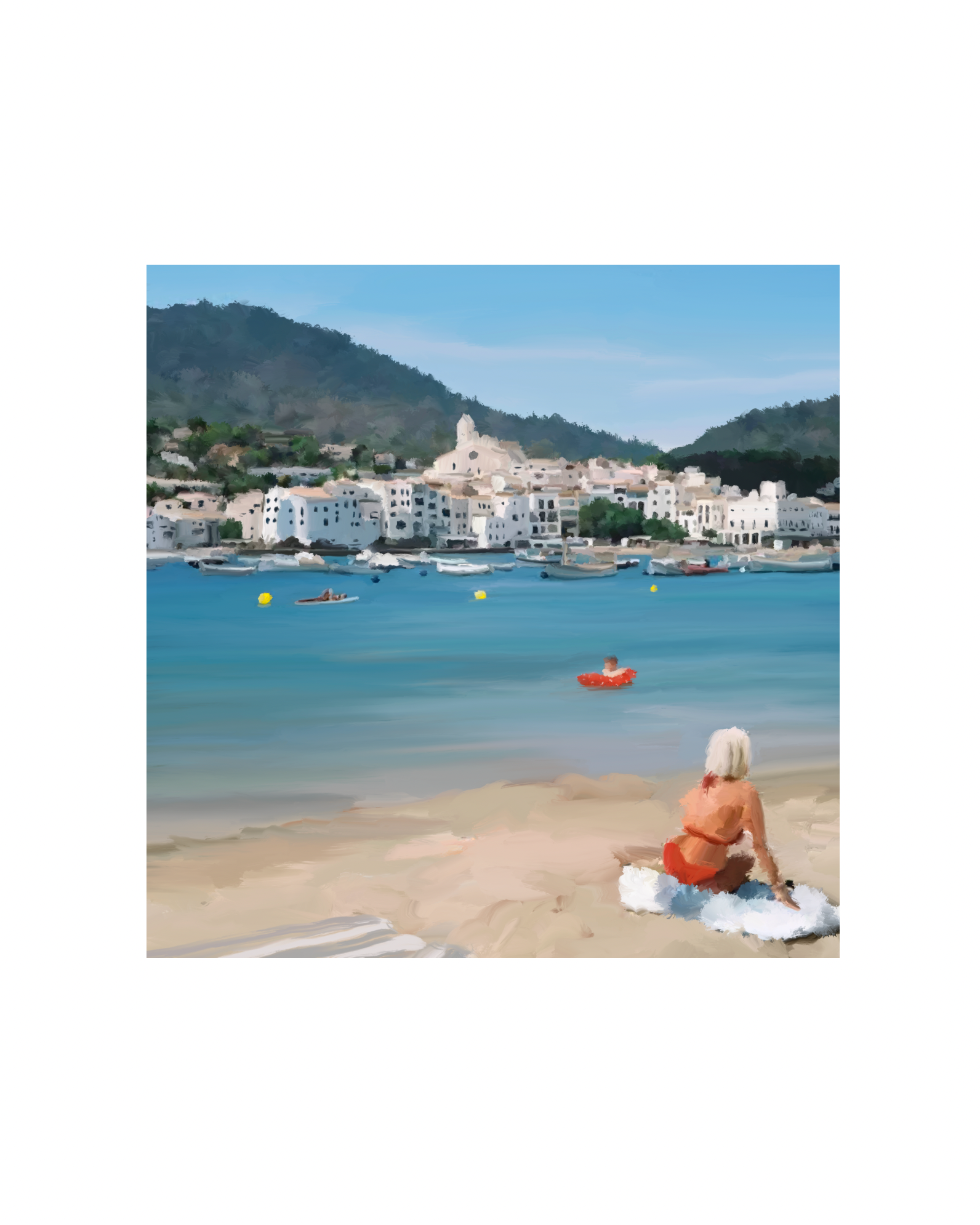 Woman sitting on a towel by the beach of Cadaqués.
